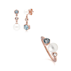 Modern Pearl & Topaz Earring & Ring Set in Rose Gold Plated Sterling Silver