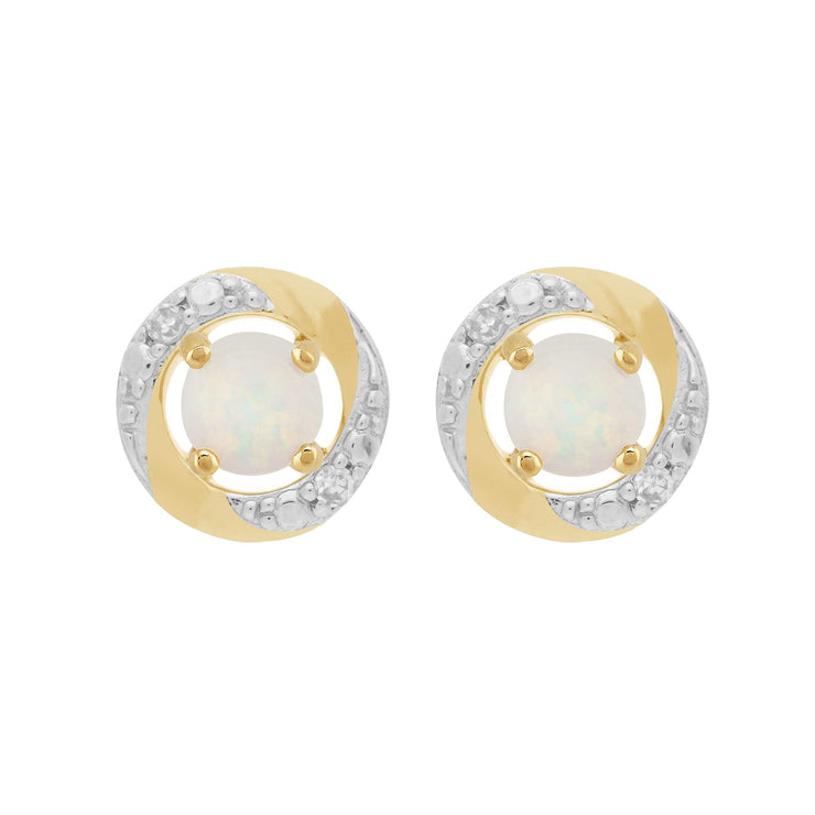 Orecchini a bottone classici con opale in oro giallo 375 e rivestimento per l'orecchio con Halo di diamanti