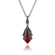 Collana con pendente in stile Art Déco e orecchini a ventaglio Argento 925 con corniola e marcasite