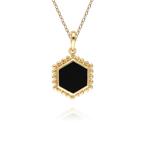 Black Onyx Flat Slice Hex Pendant in Gold Plated Sterling Silver