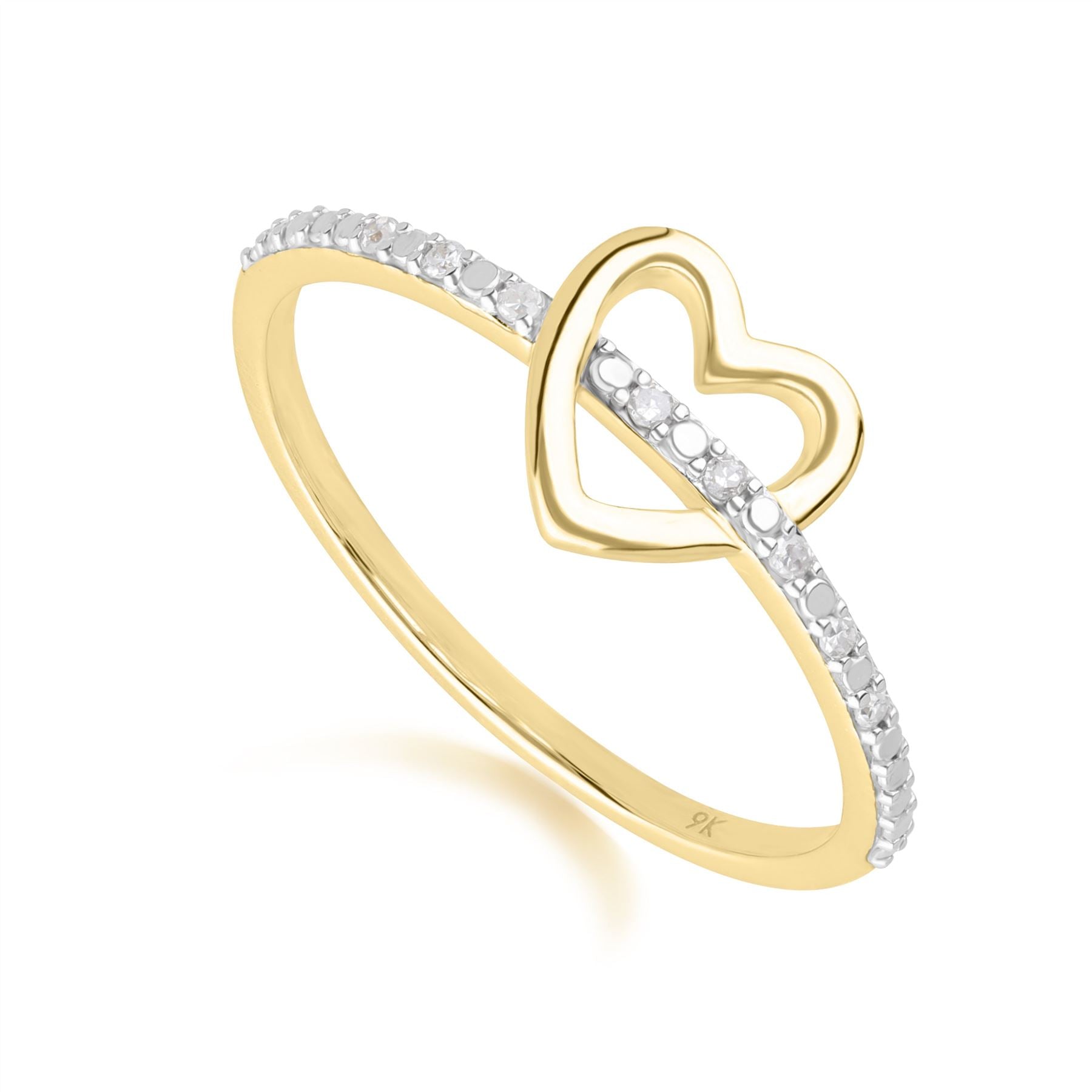 Anello Cuore Amore a fascia con diamanti in oro giallo da 9 carati