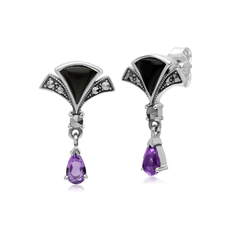Orecchini pendenti a ventaglio in argento sterling con ametista, onice nero e marcasite