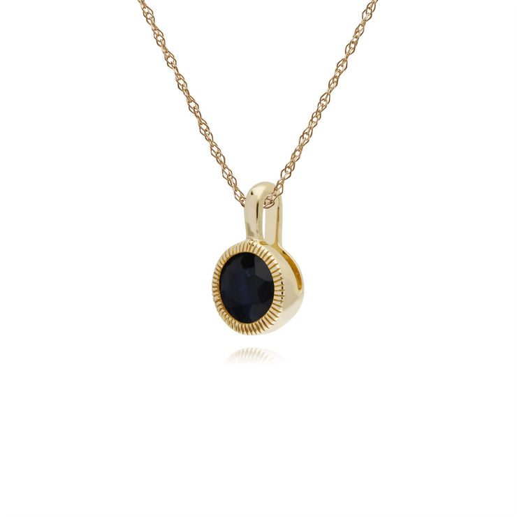 Collana con zaffiri, pendente Milgrain rotondo singolo in pietra di zaffiro in oro giallo da 9 ct su catena da 45 cm