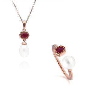 Modern Pearl & Ruby Pendant & Ring Set in Rose Gold Plated Sterling Silver