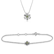 Bracciale e pendente Margherita stile floreale in argento 925 con peridoto rotondo