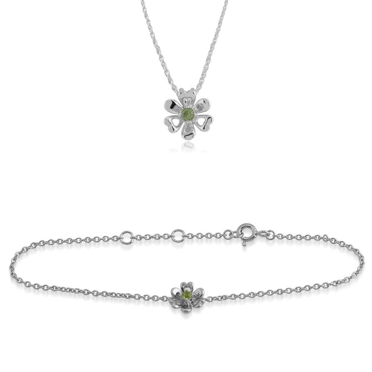 Bracciale e pendente Margherita stile floreale in argento 925 con peridoto rotondo