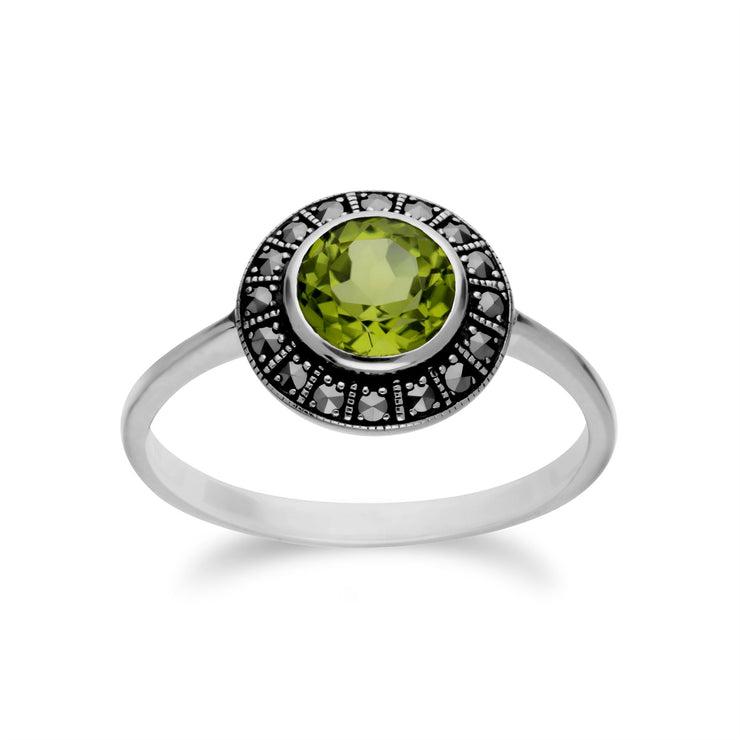 Orecchini e anello in stile Art Déco in argento 925 con peridoto e marcasite a grappolo rotondo