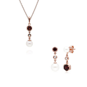 Modern Pearl, Garnet & Topaz Pendant & Earring Set in Rose Gold Plated Sterling Silver