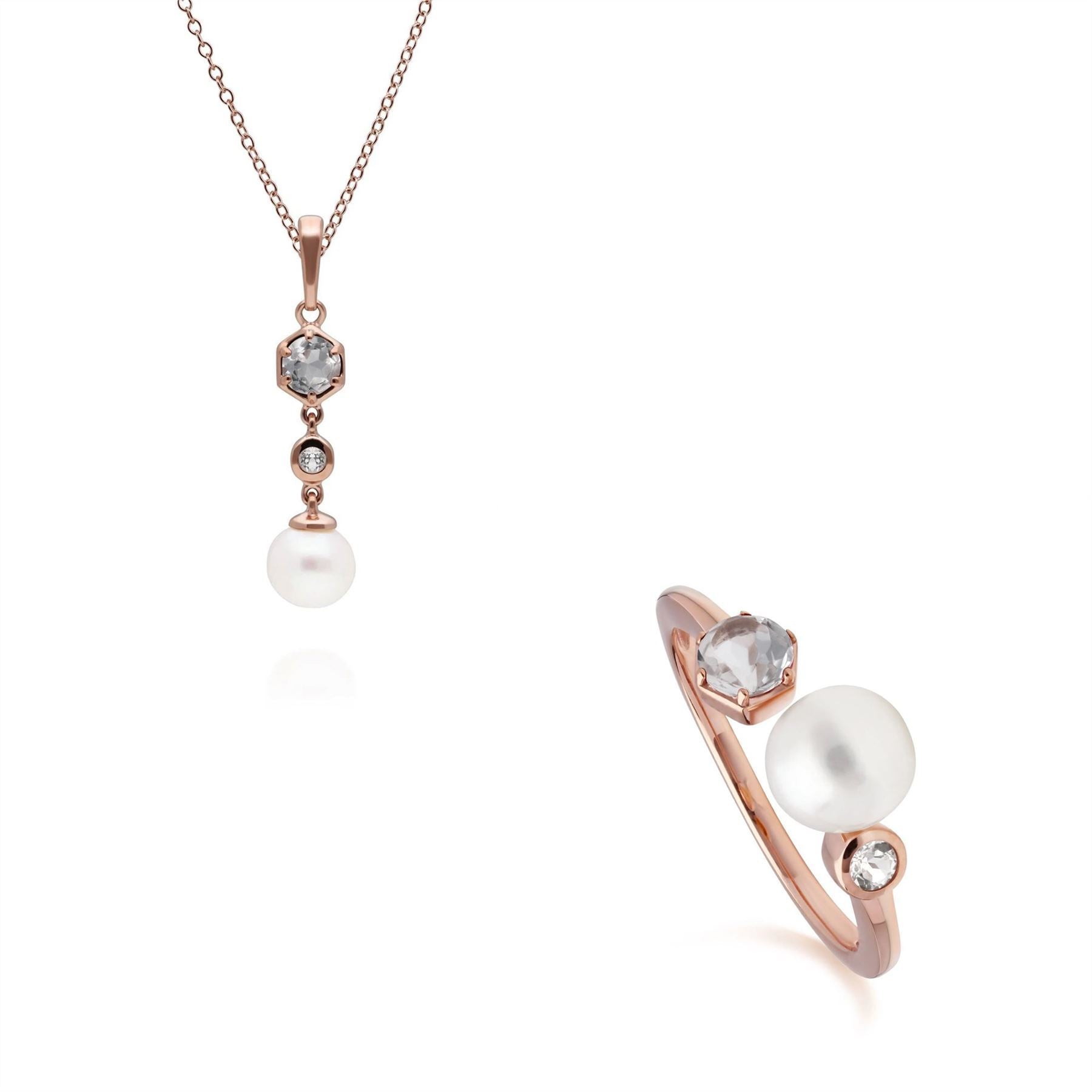 Modern Pearl & White Topaz Pendant & Ring Set in Rose Gold Plated Sterling Silver