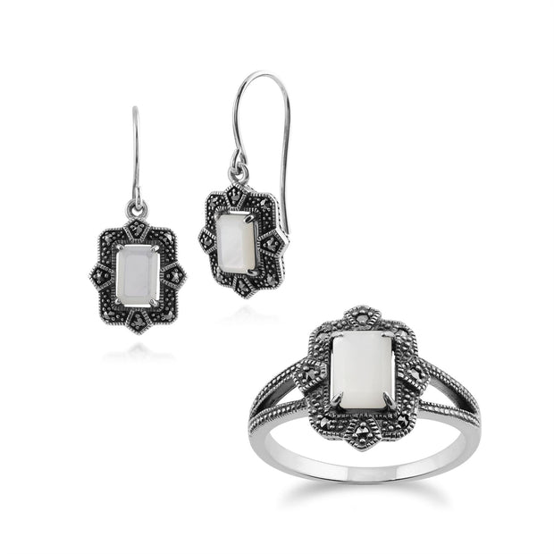 Orecchini pendenti e anello in stile Art Déco Argento 925 Madreperla Baguette e castone in marcasite