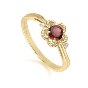 Floreale Anello con Granato e Diamanti tondi in oro giallo 9 ct