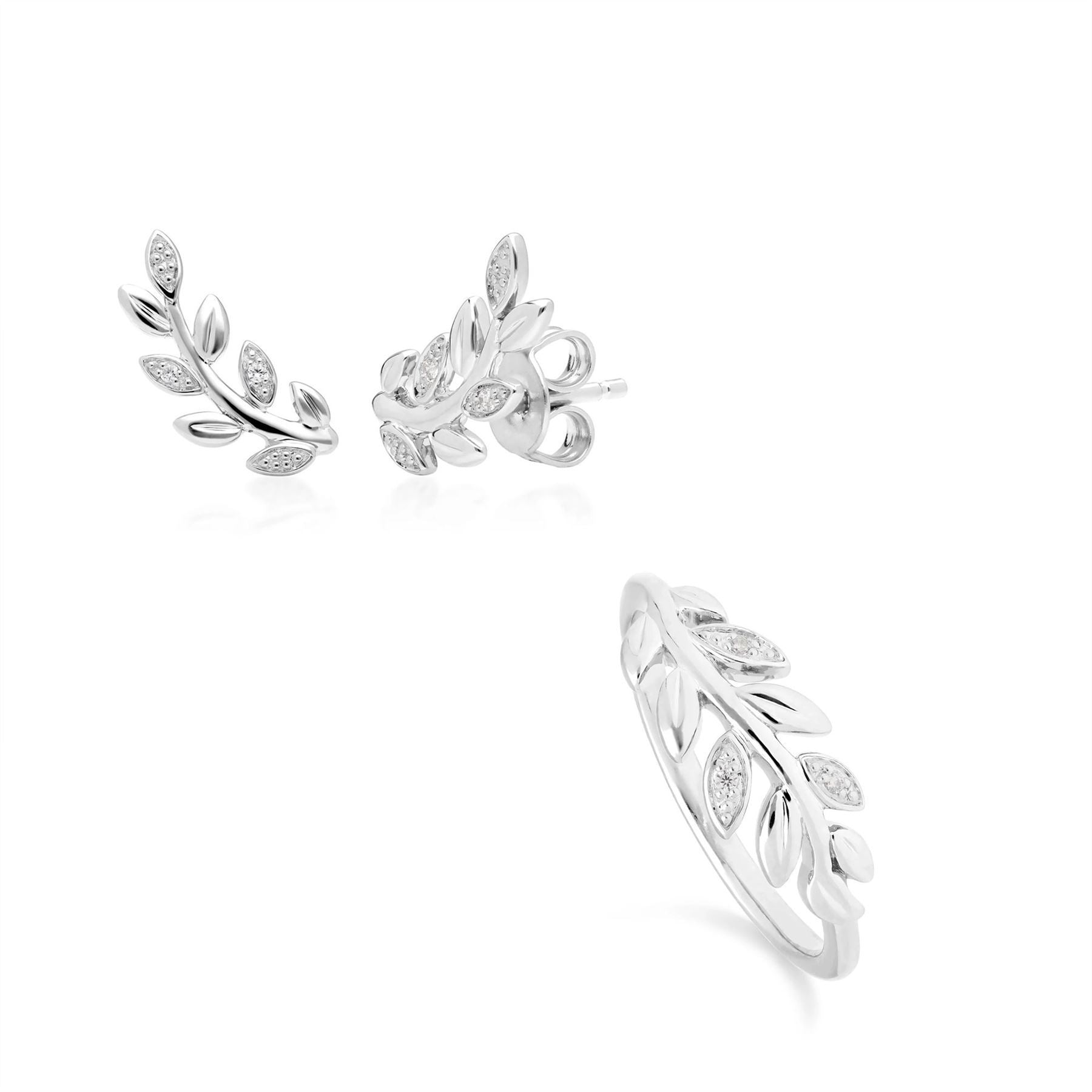 O Leaf Diamond Stud Earring & Ring Set in 9ct White Gold