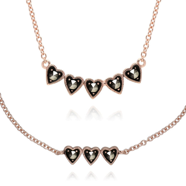 Bracciale e Collana Cuore in Argento 925 Placcato Oro Rosa Marcasite