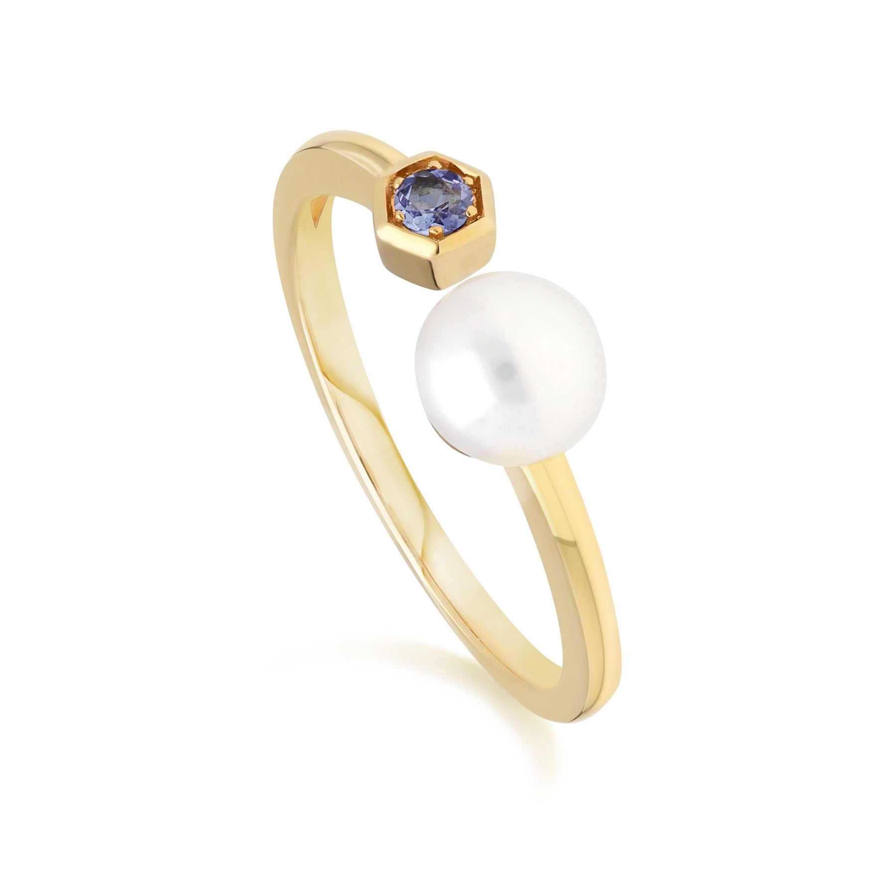 Anello Aperto moderno con perla e tanzanite in oro giallo da 9 ct