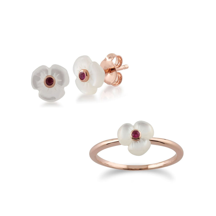 Anello e orecchini a bottone floreale papavero argento 925 placcato oro rosa rubino rotondo e madreperla