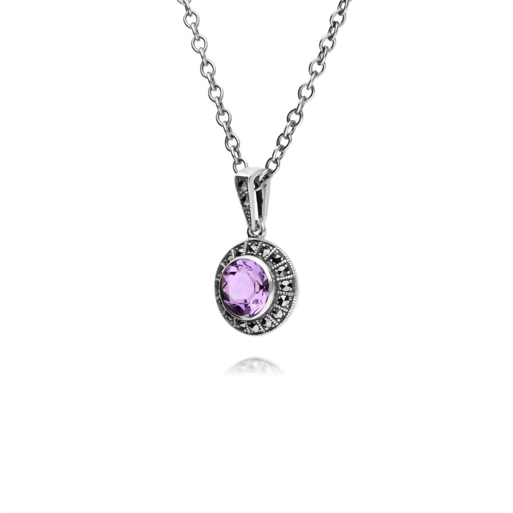 Collana da 45 cm con ametista rotonda in argento sterling e marcasite