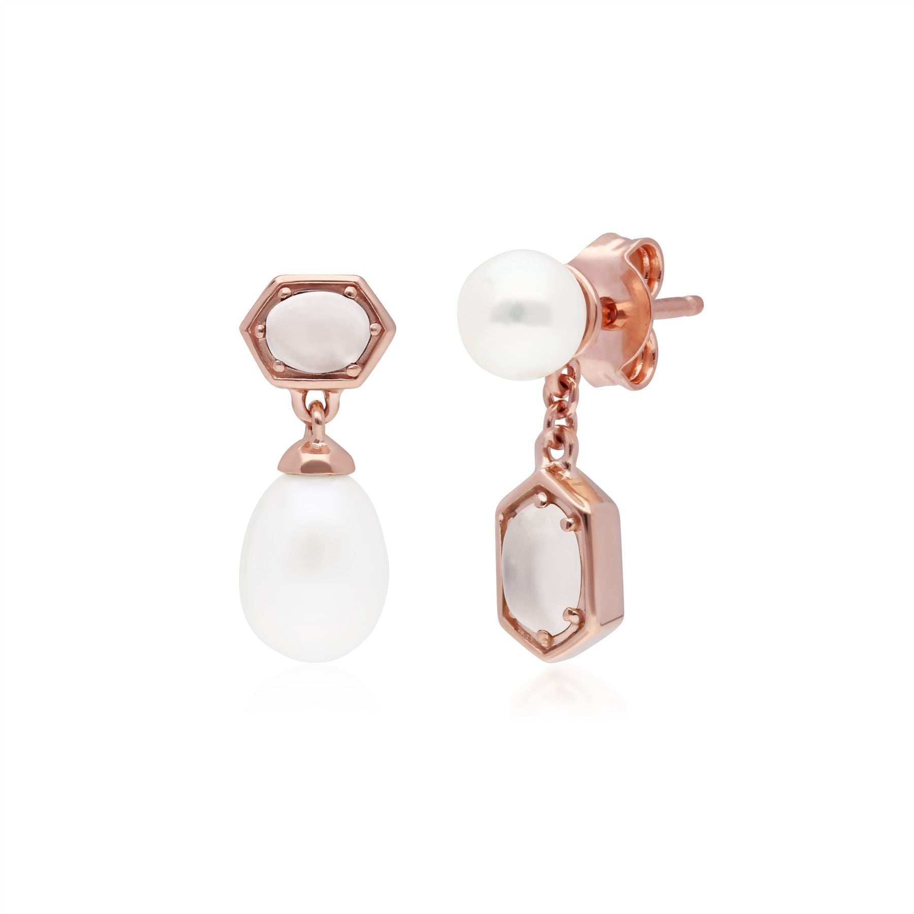 Orecchini pendenti spaiati moderni di perle e pietre di luna in argento sterling placcato oro rosa
