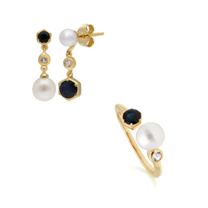 Modern Pearl, Sapphire & Topaz Ring & Earring Set