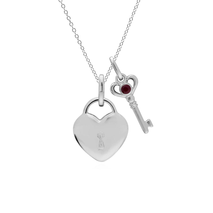 Classico ciondolo con lucchetto a cuore in argento 925 e ciondoli con chiave di rubino
