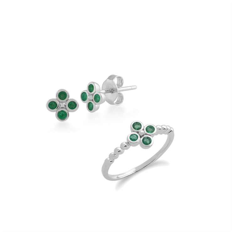 Anello in argento 925 con trifoglio floreale rotondo con smeraldo e orecchini a bottone
