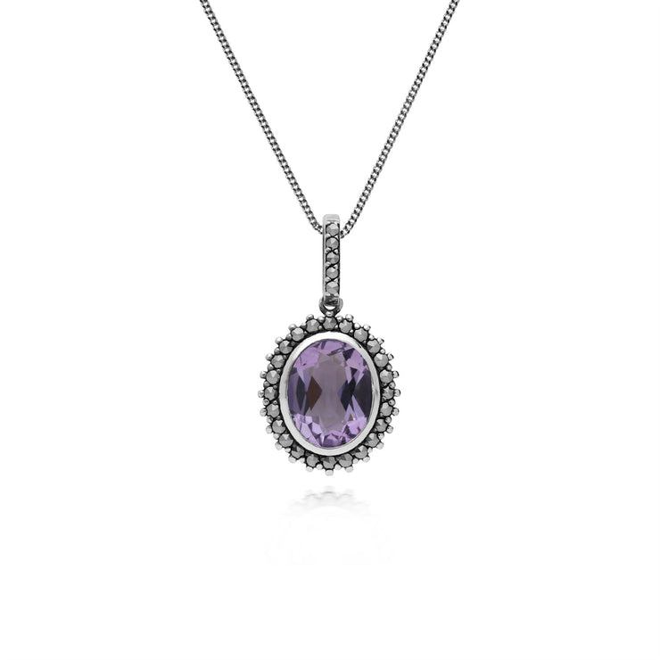Collana con ametista, pendente ovale in argento sterling con ametista e marcasite con catena da 45 cm