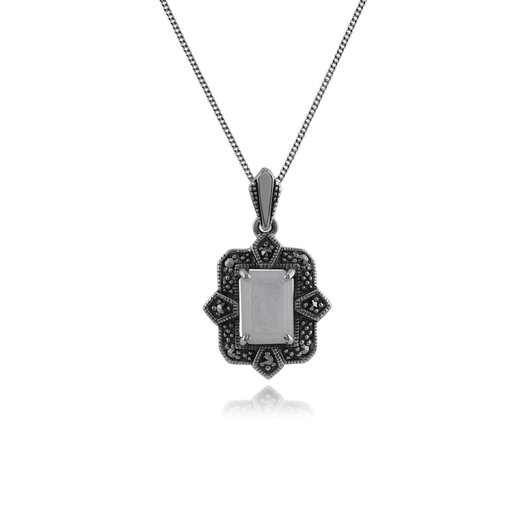 Orecchini pendenti e pendenti in stile Art Déco in argento 925 con madreperla baguette e castoni in marcasite