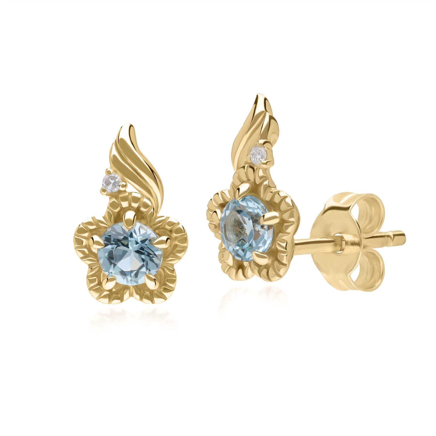 Floreale Orecchini con Topazio blu e Diamanti tondi in oro giallo da 9 ct