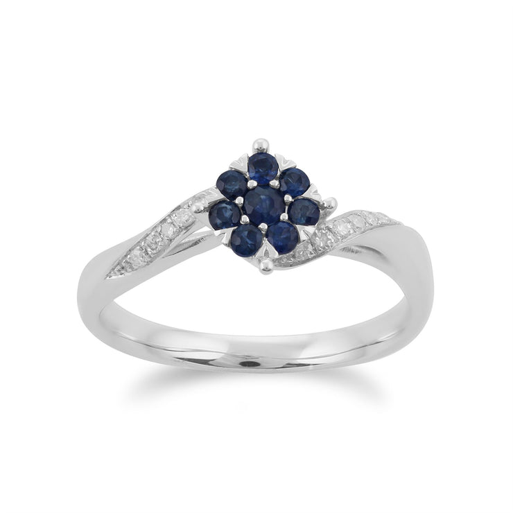 Anello Gemondo con zaffiro, anello a fiore con zaffiro e diamanti in oro bianco da 9 ct da 0,27 ct