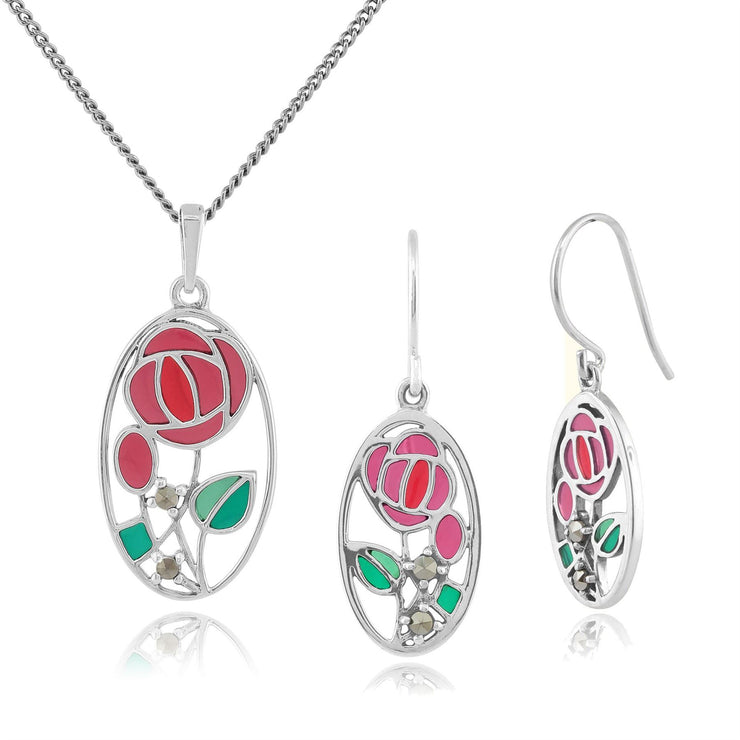 Collana e orecchini con ciondolo stile Rennie Mackintosh in argento 925 smaltato rosa rosa di Glasgow