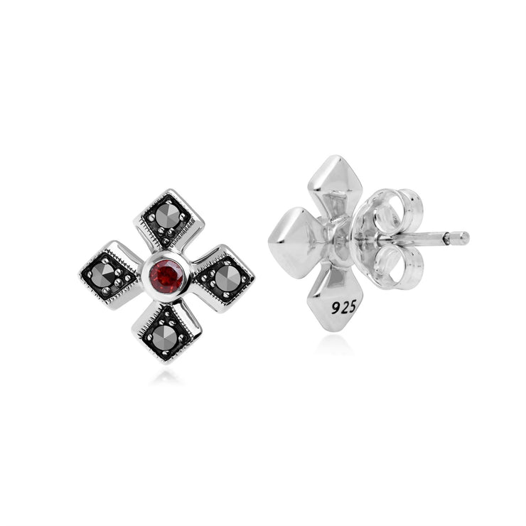 Orecchini a bottone con croce gotica in stile Art Déco in argento 925 con granato e marcasite