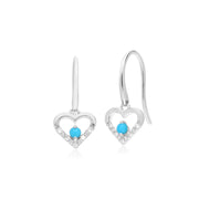 S Orecchini unici a cuore aperto con turchese e diamanti in oro bianco da 9 ct