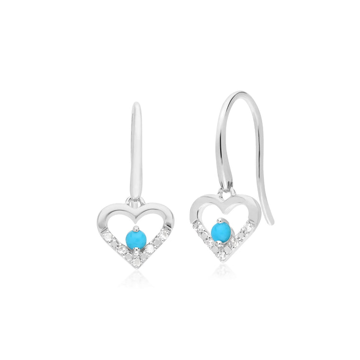S Orecchini unici a cuore aperto con turchese e diamanti in oro bianco da 9 ct