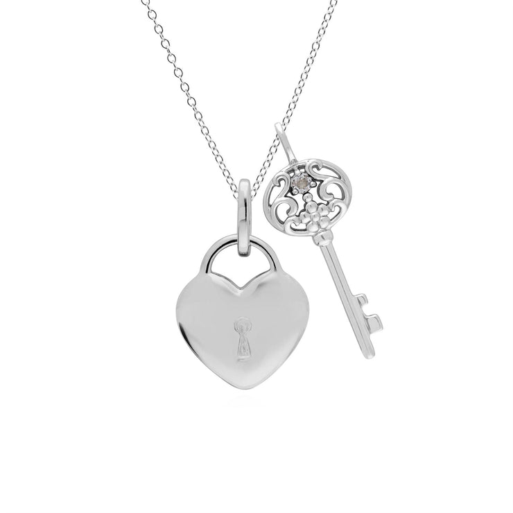 Classico ciondolo con lucchetto a cuore in argento 925 e grandi ciondoli con chiave in topazio bianco