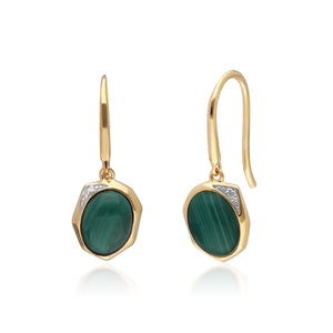 Irregular B Gem Malachite & Diamond Drop Earrings in Gold Plated Sterling Silver