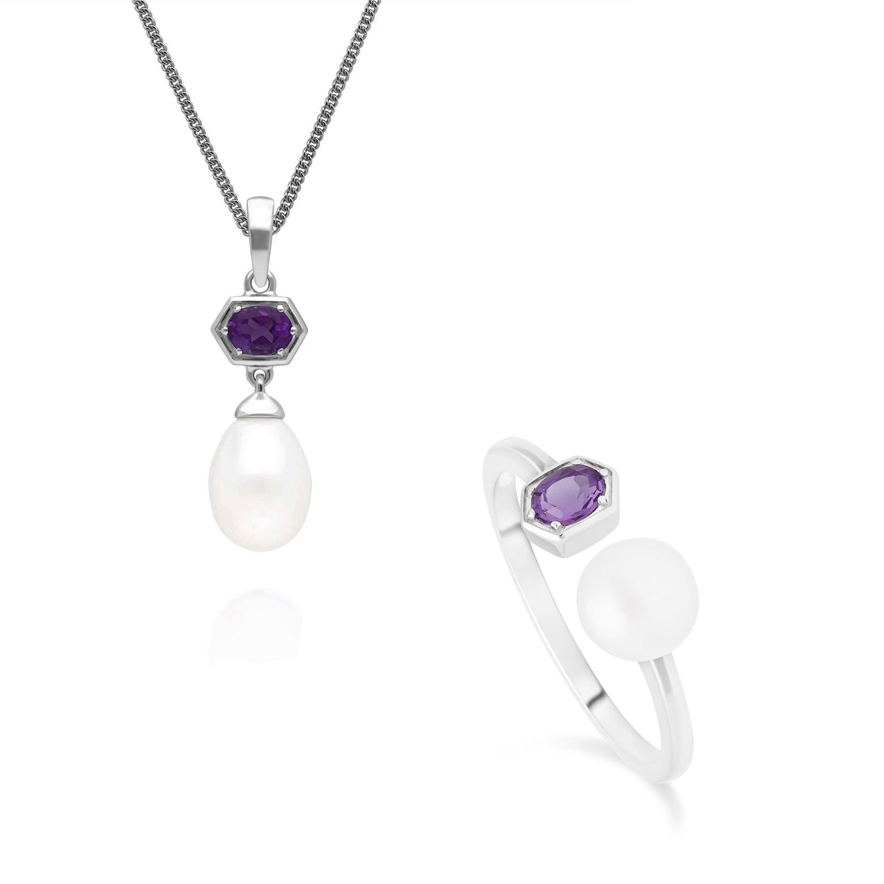 Modern Pearl & Amethyst Ring & Pendant Set in Sterling Silver