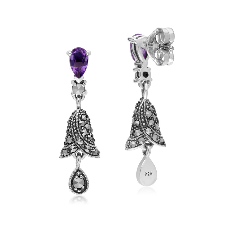 Orecchini pendenti con campana in argento sterling, ametista e marcasite