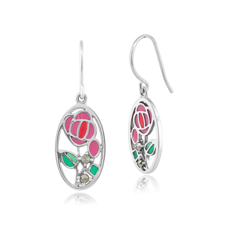 Orecchini Pendenti Ovali Stile Rennie Mackintosh Argento 925 Marcasite Tondo e Smalto