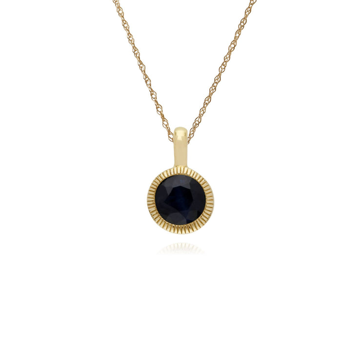 Collana con zaffiri, pendente Milgrain rotondo singolo in pietra di zaffiro in oro giallo da 9 ct su catena da 45 cm
