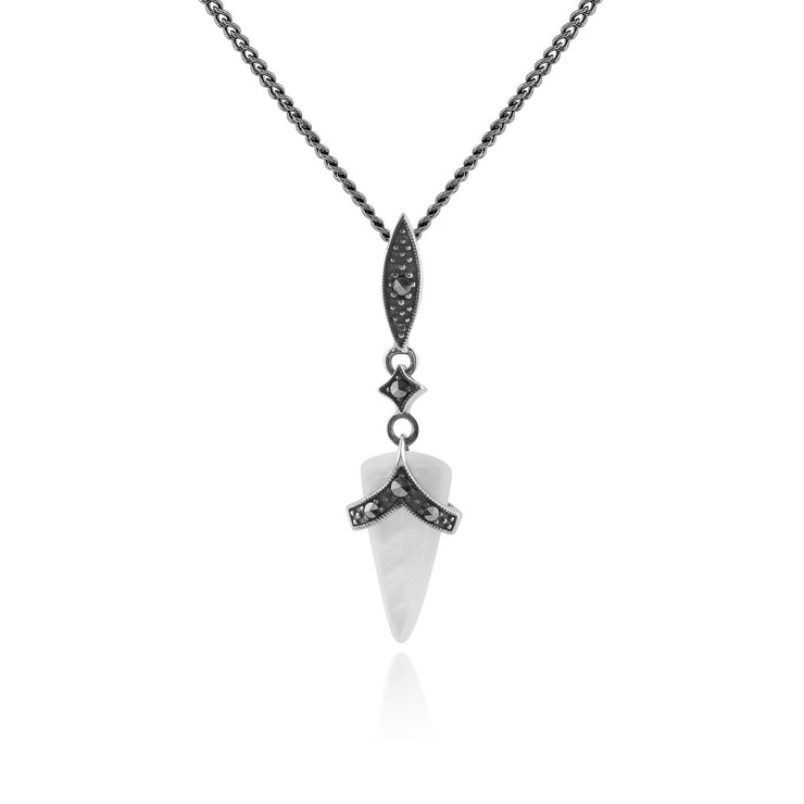 Orecchini pendenti e pendenti in stile Art Déco in argento 925 con cabochon in madreperla e marcasite