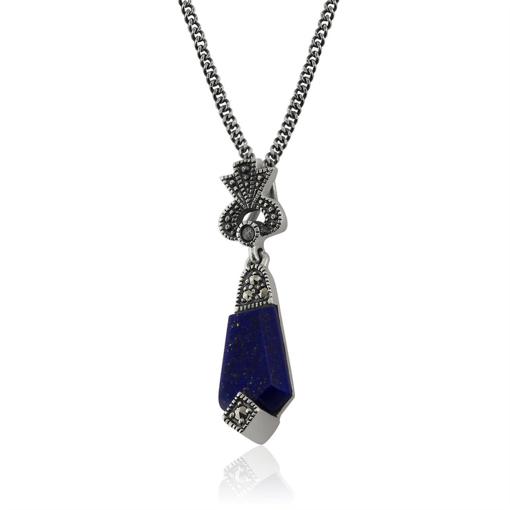 Ciondolo in stile Art Déco in argento 925 con lapislazzuli cabochon e marcasite