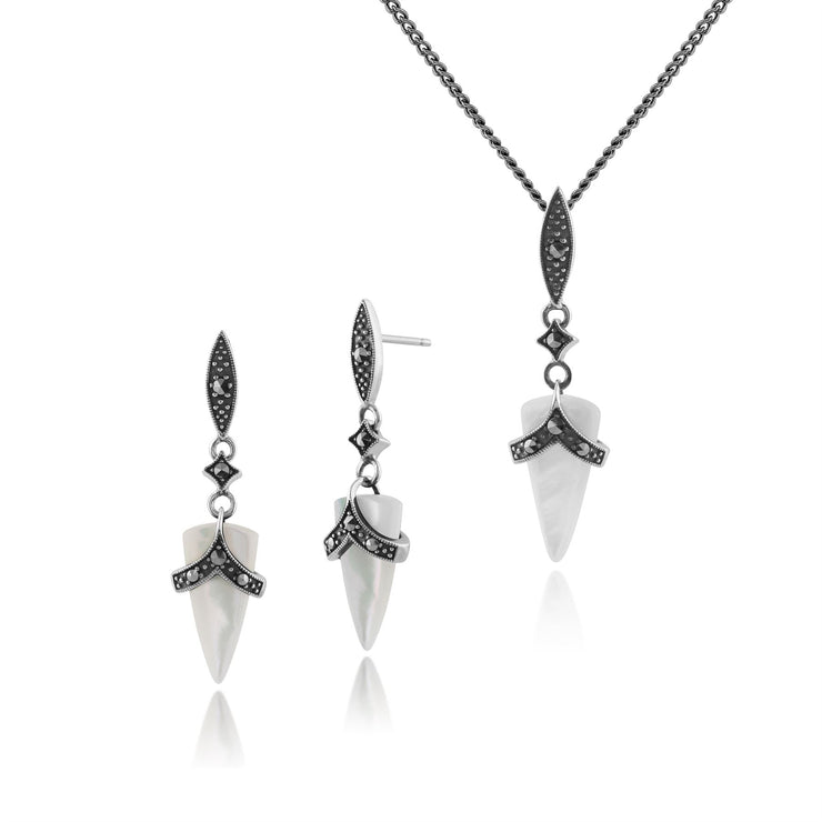 Orecchini pendenti e pendenti in stile Art Déco in argento 925 con cabochon in madreperla e marcasite