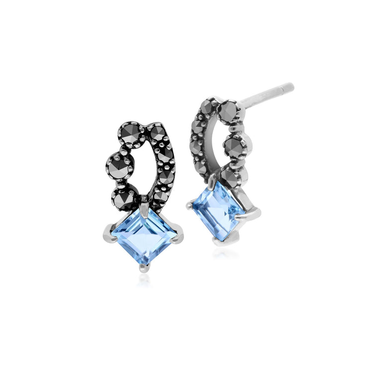 Orecchini a bottone in stile Art Nouveau in argento 925 quadrato con topazio azzurro e marcasite