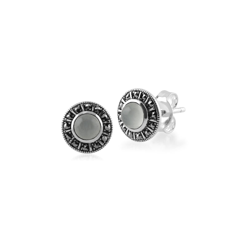 Orecchini con acquamarina lattiginosa e marcasite argento sterling Art Deco 