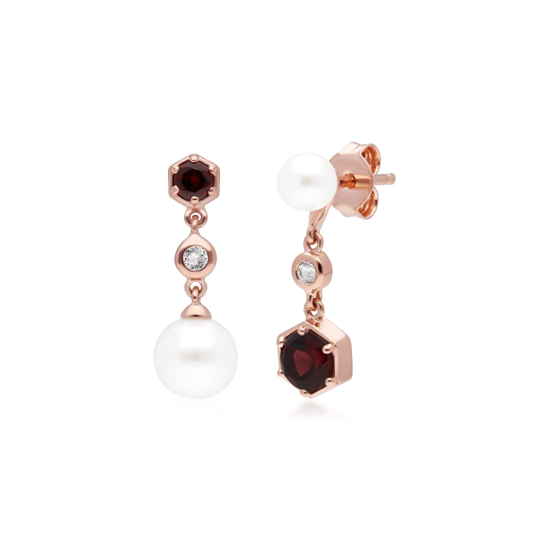 Modern Pearl, Garnet & Topaz Mismatched Drop Earrings in Rose Gold Plated Sterling Silver