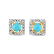 Orecchini classici con turchese in oro giallo 375 e rivestimento per orecchie con diamanti quadrati