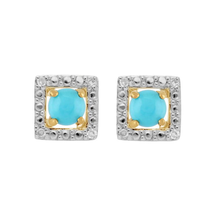 Orecchini classici con turchese in oro giallo 375 e rivestimento per orecchie con diamanti quadrati