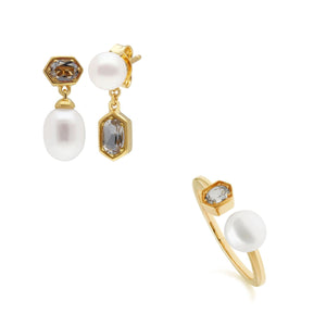 Modern Pearl & Topaz Earring & Ring Set in Gold Plated Sterling Silver