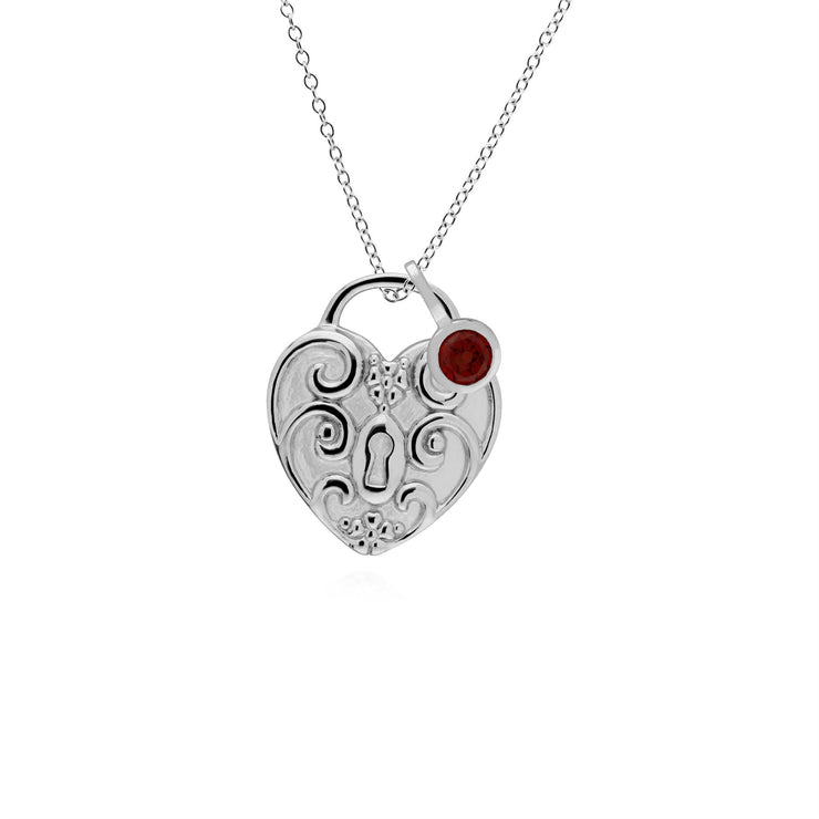 Ciondolo classico con lucchetto a cuore intrecciato in argento 925 e ciondoli in granato