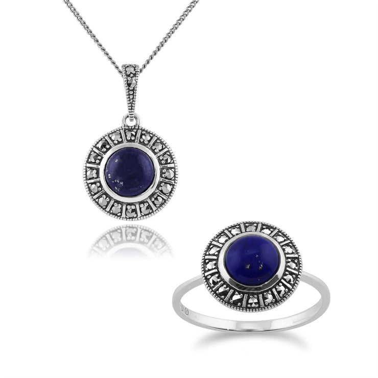 Anello e collana in stile Art Déco Argento 925 tondo con lapislazzuli e marcasite Halo