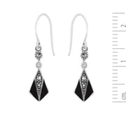 Orecchini Pendenti e Pendenti Ventaglio Stile Art Deco Argento 925 Marcasite Rotondo e Smalto Nero